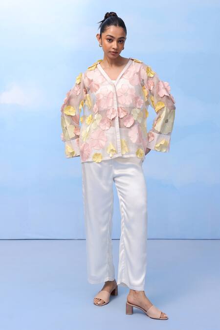 Couché By Anandini Pink Silk Organza Fabric Flowers Collared Three-tone Bloom Shirt Online at Aza Fashions Couché By Anandini_Pink Silk Organza Fabric Flowers Collared Three-tone Bloom Shirt _Online_at_Aza_Fashions