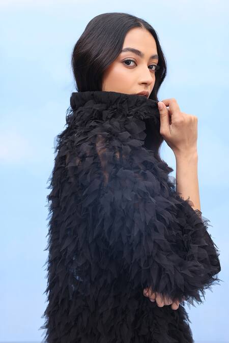 Shop Couché By Anandini Black Nylon Embroidery V-neck Crispfold Bloom Designer Shirt Online at Aza Fashions Shop_Couché By Anandini_Black Nylon Embroidery V-neck Crispfold Bloom Designer Shirt _Online_at_Aza_Fashions