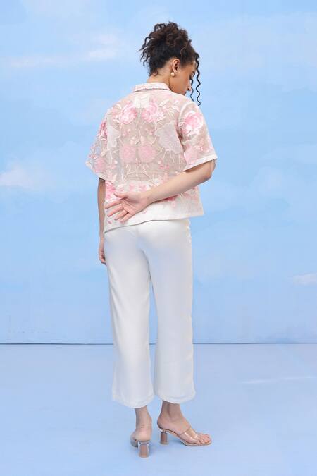 Shop Couché By Anandini Multi Color Silk Organza Applique Collared Sweet Cherry Blossom Shirt at Aza Fashions Shop_Couché By Anandini_Multi Color Silk Organza Applique Collared Sweet Cherry Blossom Shirt _at_Aza_Fashions