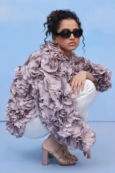 Couché By Anandini Purple Silk Fabric Flowers Collared Stitch Floral Shirt Online at Aza Fashions Couché By Anandini_Purple Silk Fabric Flowers Collared Stitch Floral Shirt _Online_at_Aza_Fashions