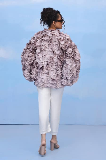 Shop Couché By Anandini Purple Silk Fabric Flowers Collared Stitch Floral Shirt at Aza Fashions Shop_Couché By Anandini_Purple Silk Fabric Flowers Collared Stitch Floral Shirt _at_Aza_Fashions