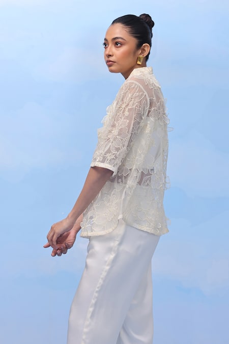 Couché By Anandini_Ivory Nylon Embroidery Collared Visco Bloom Cream Floral Shirt _Online_at_Aza_Fashions