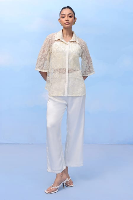 COUCHÉ BY ANANDINI Cream Nylon, Net Embroidery Collared Designer Floral Shirt