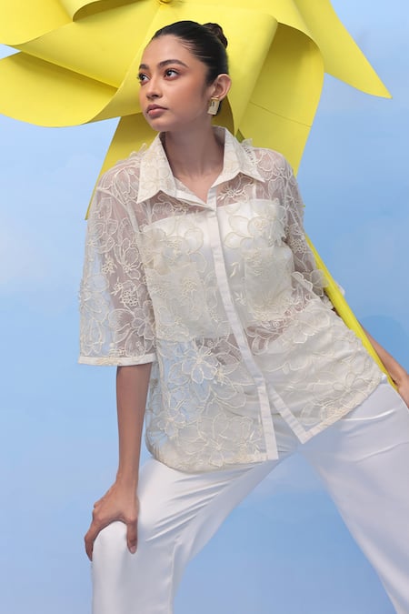 Buy_Couché By Anandini_Ivory Nylon Embroidery Collared Visco Bloom Cream Floral Shirt _Online_at_Aza_Fashions