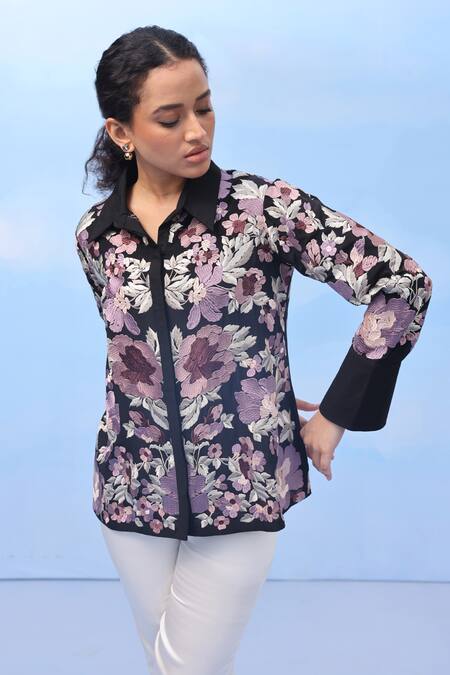 Couché By Anandini_Purple Silk Embroidery Collared Garden Glory Floral Print Crepe Shirt _Online_at_Aza_Fashions