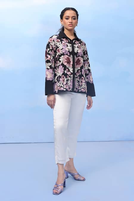 COUCHÉ BY ANANDINI Black Silk, Crepe Embroidery Collared Floral Print Shirt
