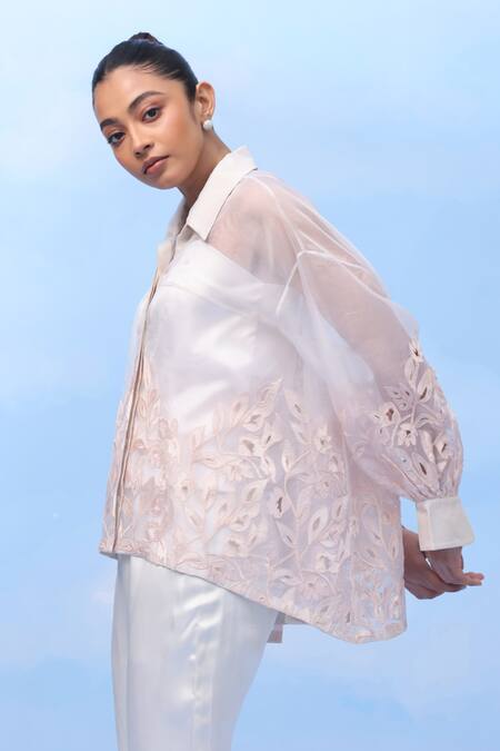 Couché By Anandini Peach Silk Organza Embroidery Collared Soft Illusion Pink Shirt Online at Aza Fashions Couché By Anandini_Peach Silk Organza Embroidery Collared Soft Illusion Pink Shirt _Online_at_Aza_Fashions