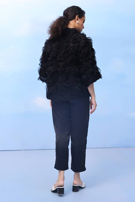 Shop_Couché By Anandini_Black Silk Organza Collared Twisted Rose Shirt _at_Aza_Fashions