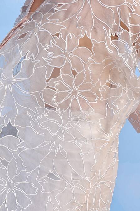 Couché By Anandini Peach Silk Organza Embroidery Collared Floral Cut Bloom Shirt Online at Aza Fashions Couché By Anandini_Peach Silk Organza Embroidery Collared Floral Cut Bloom Shirt _Online_at_Aza_Fashions