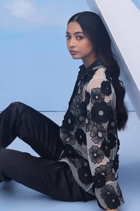 Couché By Anandini_Black Nylon Embroidery Collared Felt Flowerscape Shirt _Online_at_Aza_Fashions