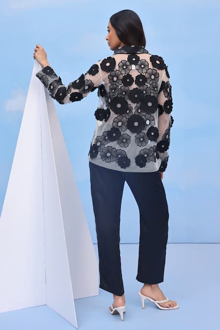 Couché By Anandini Felt Flowerscape Black Embroidered Shirt 