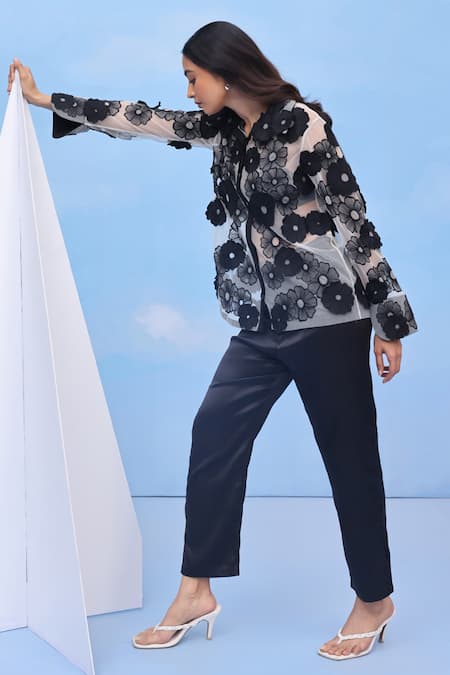Buy_Couché By Anandini_Black Nylon Embroidery Collared Felt Flowerscape Shirt _Online_at_Aza_Fashions