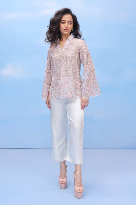 COUCHÉ BY ANANDINI Pink Silk Organza Embroidery V-neck Designer Ombre Effect Top 