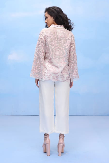 Shop Couché By Anandini Pink Silk Organza Embroidery V-neck The Ombre Effect Shirt at Aza Fashions Shop_Couché By Anandini_Pink Silk Organza Embroidery V-neck The Ombre Effect Shirt _at_Aza_Fashions