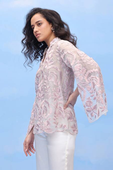 Couché By Anandini Pink Silk Organza Embroidery V-neck The Ombre Effect Shirt Online at Aza Fashions Couché By Anandini_Pink Silk Organza Embroidery V-neck The Ombre Effect Shirt _Online_at_Aza_Fashions