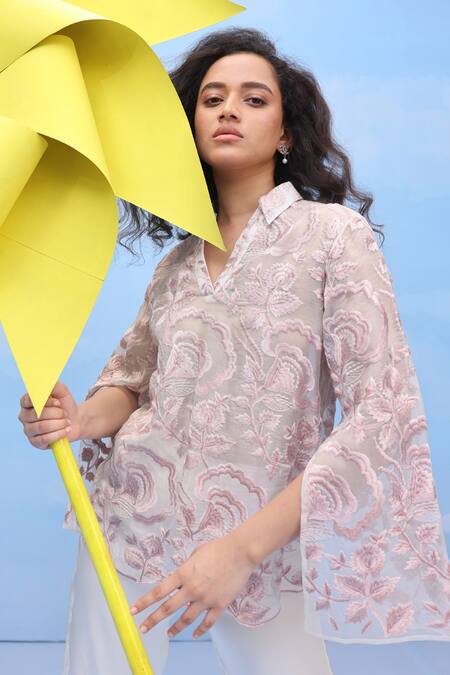 Buy Couché By Anandini Pink Silk Organza Embroidery V-neck The Ombre Effect Shirt Online at Aza Fashions Buy_Couché By Anandini_Pink Silk Organza Embroidery V-neck The Ombre Effect Shirt _Online_at_Aza_Fashions