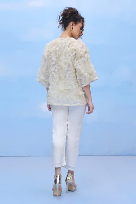 Shop Couché By Anandini Beige Silk Organza Embroidery Round Neck Grande Petal Designer Shirt at Aza Fashions Shop_Couché By Anandini_Beige Silk Organza Embroidery Round Neck Grande Petal Designer Shirt _at_Aza_Fashions