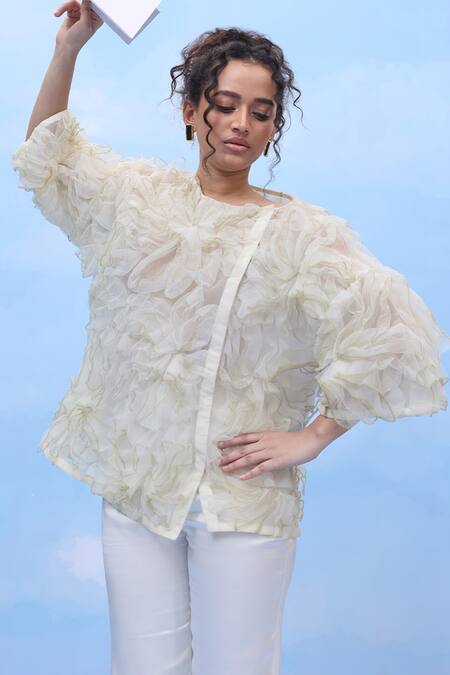 Couché By Anandini Beige Silk Organza Embroidery Round Neck Grande Petal Designer Shirt Online at Aza Fashions Couché By Anandini_Beige Silk Organza Embroidery Round Neck Grande Petal Designer Shirt _Online_at_Aza_Fashions