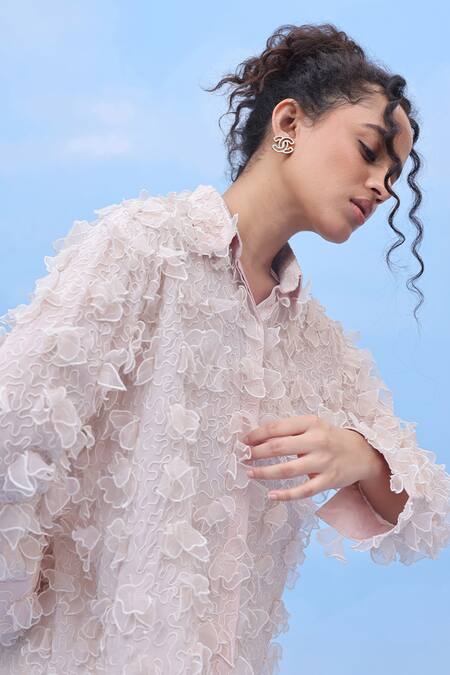 Couché By Anandini Peach Silk Fabric Flowers Collared 3d Blush Petal Crepe Shirt Online at Aza Fashions Couché By Anandini_Peach Silk Fabric Flowers Collared 3d Blush Petal Crepe Shirt _Online_at_Aza_Fashions