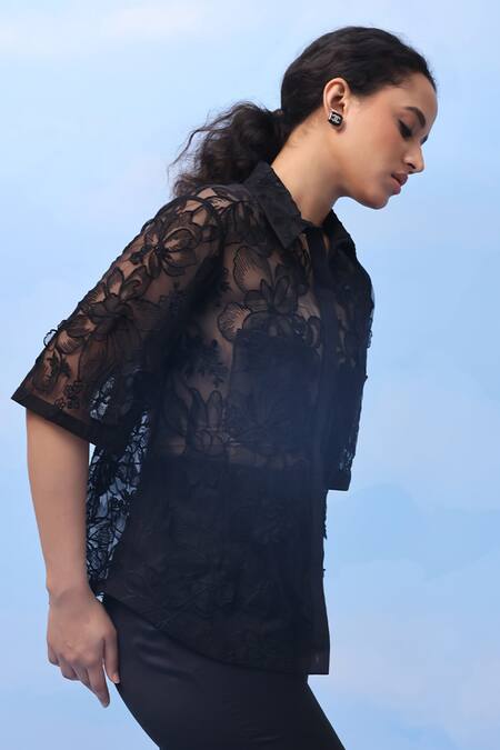 Couché By Anandini_Black Nylon Embroidery Collared Visco Bloom Floral Lace Shirt _Online_at_Aza_Fashions