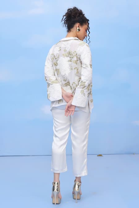 Shop_Couché By Anandini_Ivory Silk Embroidery, Patchwork Collared Velvet Dreams Floral Shirt _at_Aza_Fashions