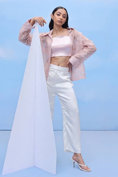 COUCHÉ BY ANANDINI Pink Silk Organza Embroidery Collared Botanical Blossoms Shirt 