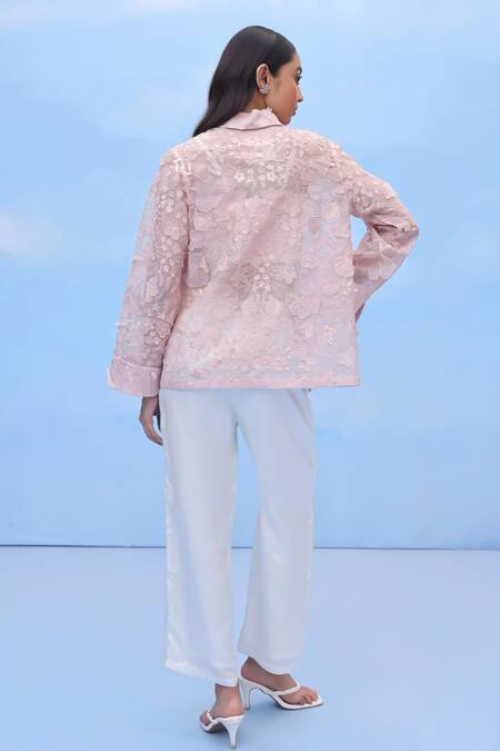 Shop Couché By Anandini Pink Silk Organza Embroidery Collared Botanical Blossoms Shirt at Aza Fashions Shop_Couché By Anandini_Pink Silk Organza Embroidery Collared Botanical Blossoms Shirt _at_Aza_Fashions