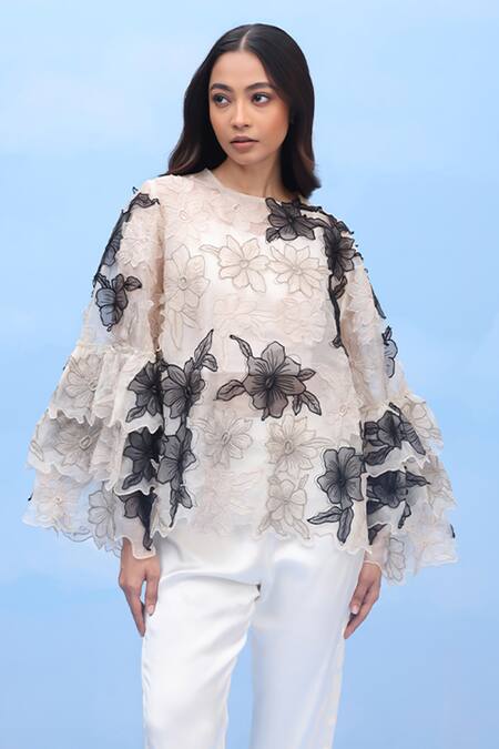 Couché By Anandini Multi Color Silk Organza Embroidery Round Neck Three-daylily Shirt Online at Aza Fashions Couché By Anandini_Multi Color Silk Organza Embroidery Round Neck Three-daylily Shirt _Online_at_Aza_Fashions