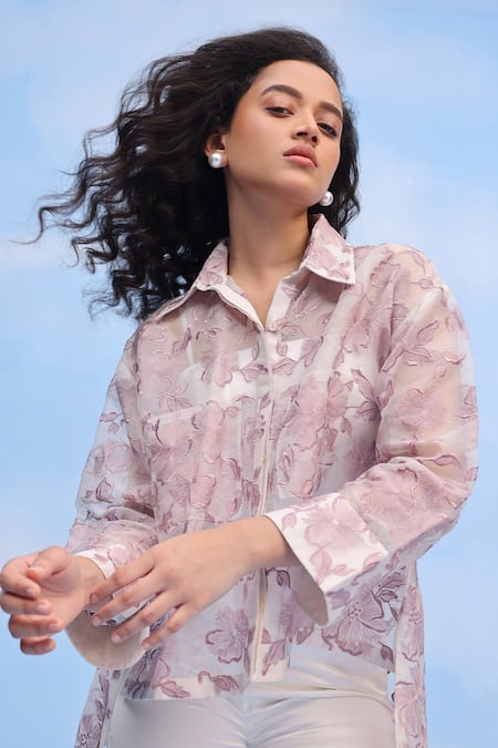 Couché By Anandini Purple Silk Organza Embroidery Collared Hibiscus Motif Shirt Online at Aza Fashions Couché By Anandini_Purple Silk Organza Embroidery Collared Hibiscus Motif Shirt _Online_at_Aza_Fashions