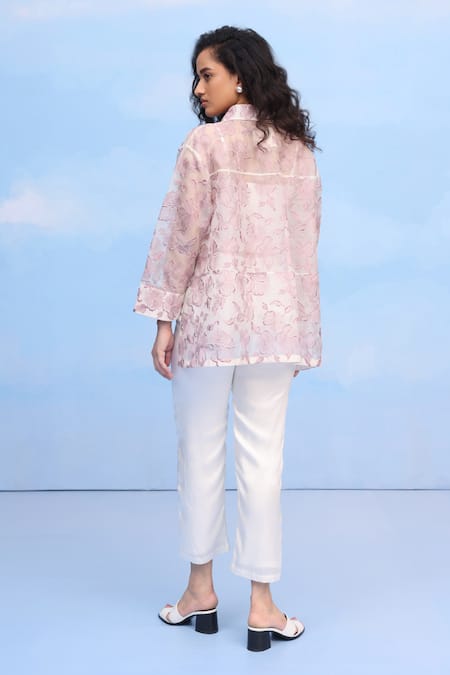 Shop Couché By Anandini Purple Silk Organza Embroidery Collared Hibiscus Motif Shirt at Aza Fashions Shop_Couché By Anandini_Purple Silk Organza Embroidery Collared Hibiscus Motif Shirt _at_Aza_Fashions