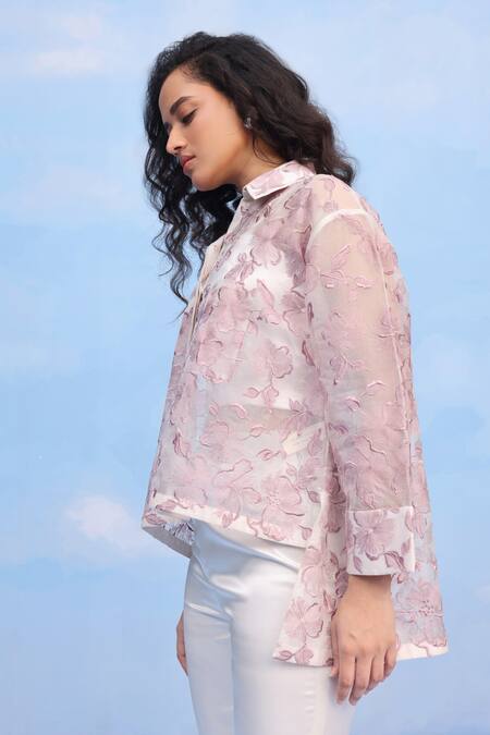Buy Couché By Anandini Purple Silk Organza Embroidery Collared Hibiscus Motif Shirt Online at Aza Fashions Buy_Couché By Anandini_Purple Silk Organza Embroidery Collared Hibiscus Motif Shirt _Online_at_Aza_Fashions