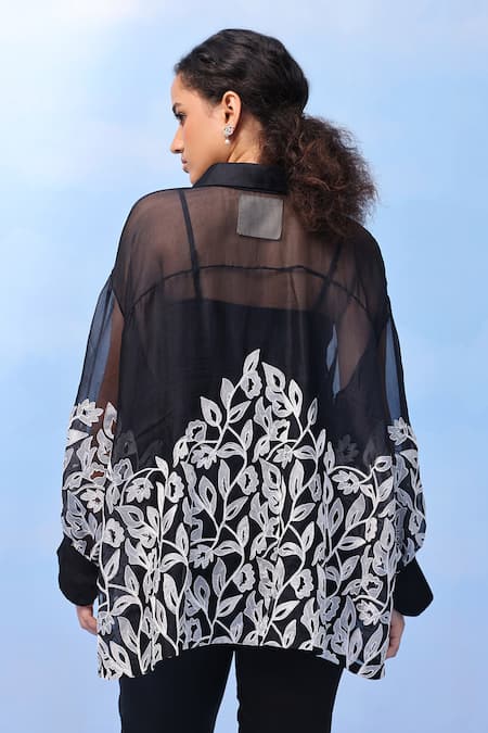 Shop Couché By Anandini Black Silk Organza Embroidery Collared Soft Illusion Shirt at Aza Fashions Shop_Couché By Anandini_Black Silk Organza Embroidery Collared Soft Illusion Shirt _at_Aza_Fashions