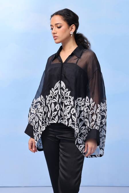 Couché By Anandini Black Silk Organza Embroidery Collared Soft Illusion Shirt Online at Aza Fashions Couché By Anandini_Black Silk Organza Embroidery Collared Soft Illusion Shirt _Online_at_Aza_Fashions