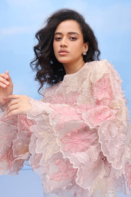 Couché By Anandini Pink Silk Organza Embroidery Round Neck Three-daylily Floral Shirt Online at Aza Fashions Couché By Anandini_Pink Silk Organza Embroidery Round Neck Three-daylily Floral Shirt _Online_at_Aza_Fashions