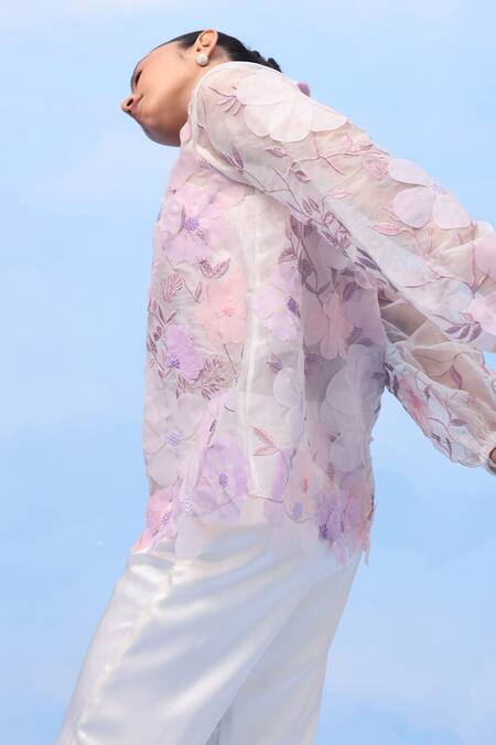 Couché By Anandini_Multi Color Silk Organza Embroidery V-neck Peonies Perfection Floral Shirt _Online_at_Aza_Fashions