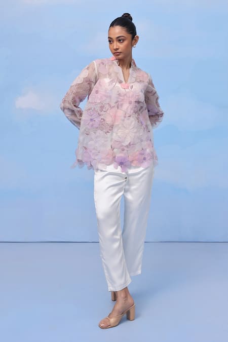 COUCHÉ BY ANANDINI Purple Silk Organza V-neck Floral Top