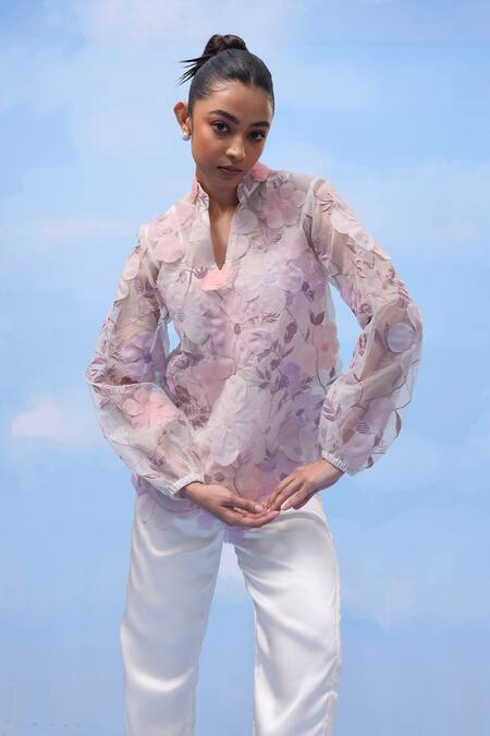 Buy_Couché By Anandini_Multi Color Silk Organza Embroidery V-neck Peonies Perfection Floral Shirt _Online_at_Aza_Fashions