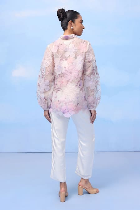 Shop_Couché By Anandini_Multi Color Silk Organza Embroidery V-neck Peonies Perfection Floral Shirt _at_Aza_Fashions