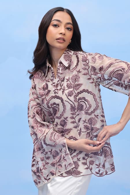 Couché By Anandini_Maroon Silk Organza Embroidery V-neck The Ombre Effect Shirt _Online_at_Aza_Fashions