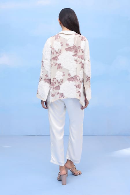 Shop_Couché By Anandini_Beige Silk Collared Velvet Dreams Floral Shirt _at_Aza_Fashions