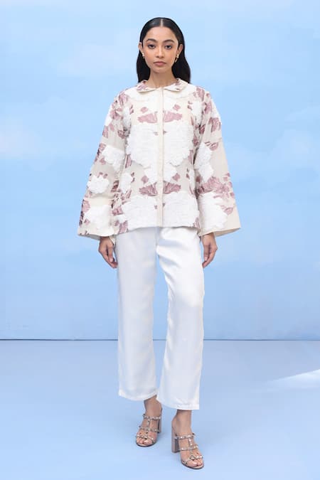 COUCHÉ BY ANANDINI White Silk, Crepe Fabric Flowers Collared Designer Velvet Dreams Shirt