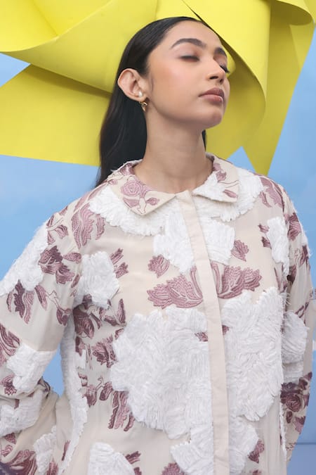 Buy_Couché By Anandini_Beige Silk Collared Velvet Dreams Floral Shirt _Online_at_Aza_Fashions