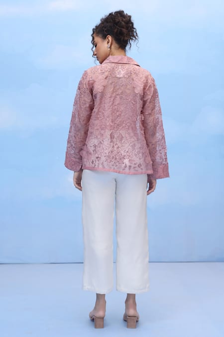 Shop Couché By Anandini Wine Silk Organza Embroidery Collared Botanical Blossoms Shirt at Aza Fashions Shop_Couché By Anandini_Wine Silk Organza Embroidery Collared Botanical Blossoms Shirt _at_Aza_Fashions
