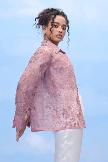 Couché By Anandini Wine Silk Organza Embroidery Collared Botanical Blossoms Shirt Online at Aza Fashions Couché By Anandini_Wine Silk Organza Embroidery Collared Botanical Blossoms Shirt _Online_at_Aza_Fashions