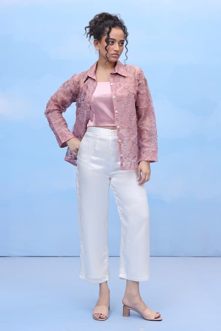 COUCHÉ BY ANANDINI Pink Silk Organza Embroidery Collared Botanical Blossoms Shirt 