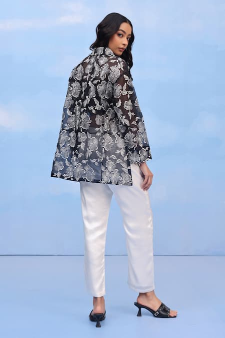 Shop Couché By Anandini Black Silk Organza Embroidery Collared Hibiscus Motif Shirt at Aza Fashions Shop_Couché By Anandini_Black Silk Organza Embroidery Collared Hibiscus Motif Shirt _at_Aza_Fashions