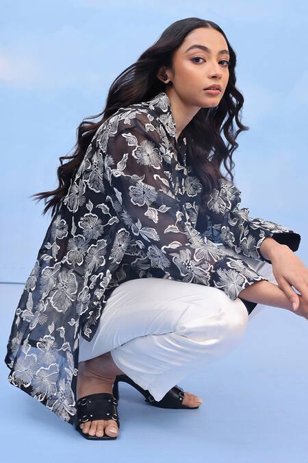 Couché By Anandini Black Silk Organza Embroidery Collared Hibiscus Motif Shirt Online at Aza Fashions Couché By Anandini_Black Silk Organza Embroidery Collared Hibiscus Motif Shirt _Online_at_Aza_Fashions