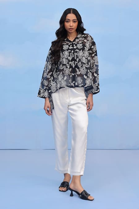 COUCHÉ BY ANANDINI Black Silk Organza Embroidery Collared Hibiscus Motif Shirt