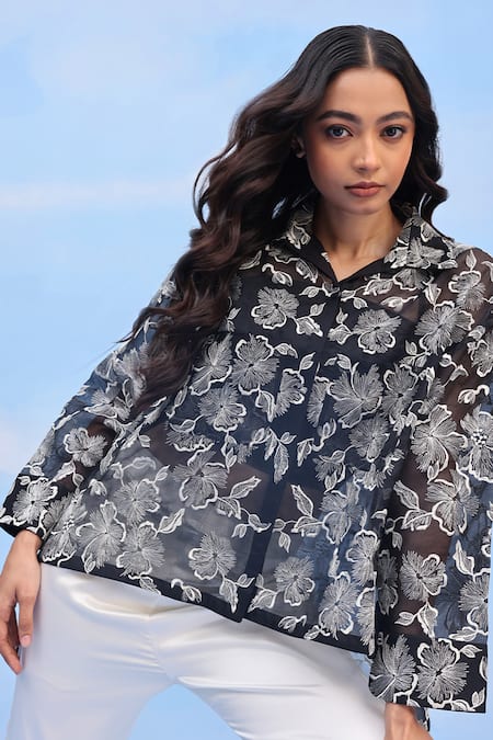 Buy Couché By Anandini Black Silk Organza Embroidery Collared Hibiscus Motif Shirt Online at Aza Fashions Buy_Couché By Anandini_Black Silk Organza Embroidery Collared Hibiscus Motif Shirt _Online_at_Aza_Fashions