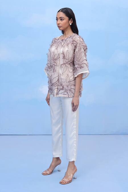 Couché By Anandini Beige Silk Organza Embroidery Round Neck Grande Petal Shirt Online at Aza Fashions Couché By Anandini_Beige Silk Organza Embroidery Round Neck Grande Petal Shirt _Online_at_Aza_Fashions